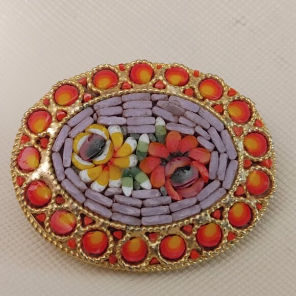Vtg Italian Micro Mosaic Floral Oval Brooch Red Yellow Accents Gold Tone Pin - Picture 3 of 13
